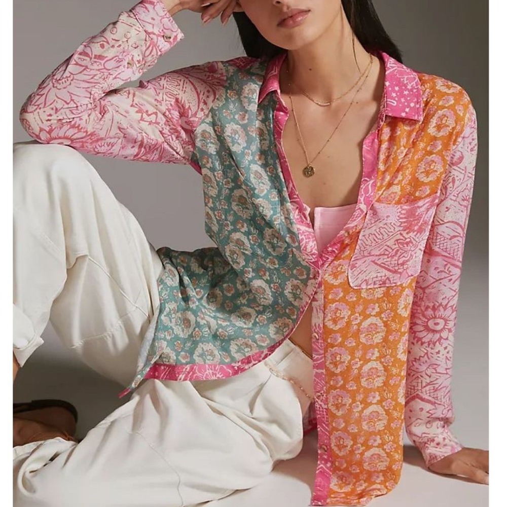 Pilcro The Romy Button Down Shirt Womens Large Colorful Patchwork Boho Floral